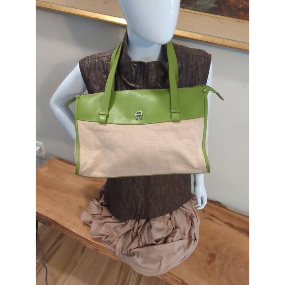 Etienne Aigner Green & Beige Rayon, Cotton, Linen Handbag Purse GC